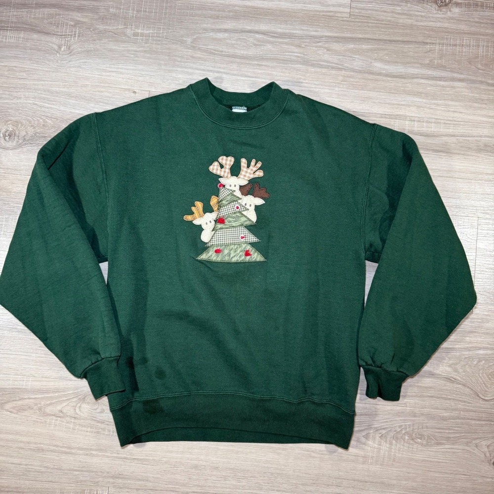 Vintage 90s Jerzees Christmas Sweatshirt Tree Applique Holiday Green Mens Medium